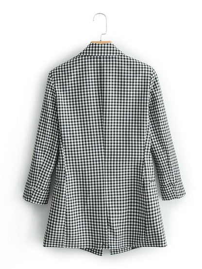 Lapel Collar Double Breasted Gingham Blazer - LuckyFash™