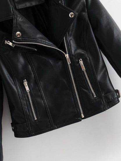 Lapel Collar Zip Up PU Moto Jacket - LuckyFash™