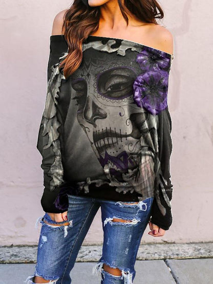 Large Round Neck Long Sleeve Printed One-Shoulder Casual T-Shirt - LuckyFash™