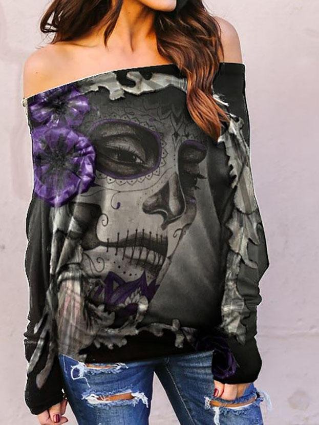Large Round Neck Long Sleeve Printed One-Shoulder Casual T-Shirt - LuckyFash™