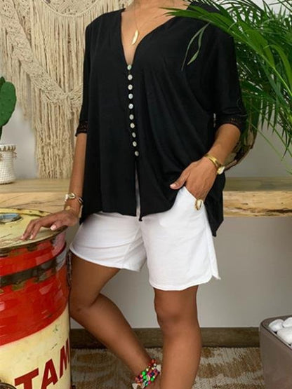 Large Size V-neck Button Mid-sleeve Shirt - LuckyFash™