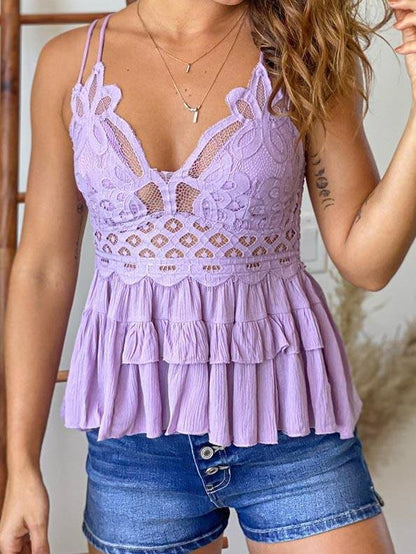 Lavender Lace Ruffle Layer Hem Suspender Blouses - LuckyFash™