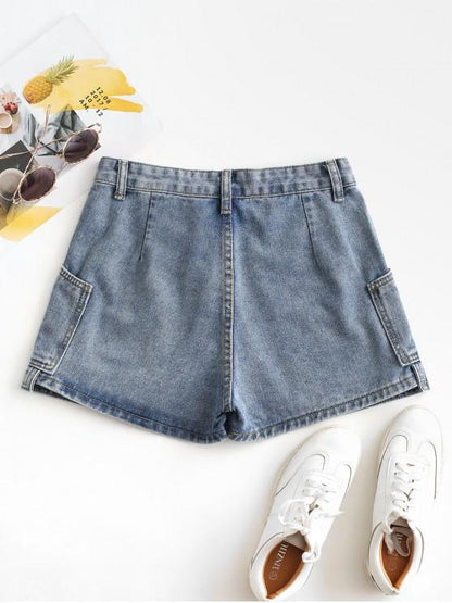 Layered D-ring Strap Denim Shorts - LuckyFash™