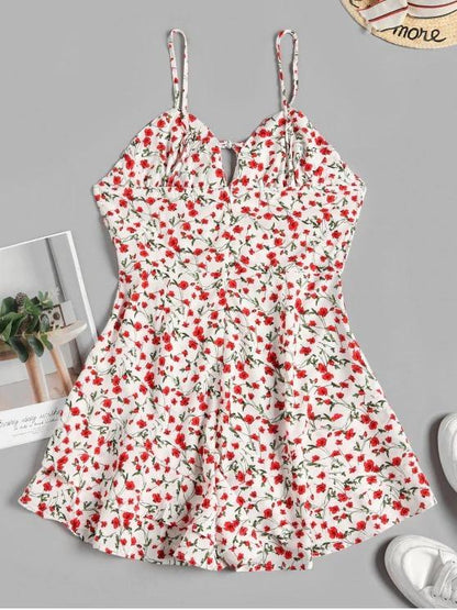 Layered Hem Floral Tie Collar Cami Romper - LuckyFash™