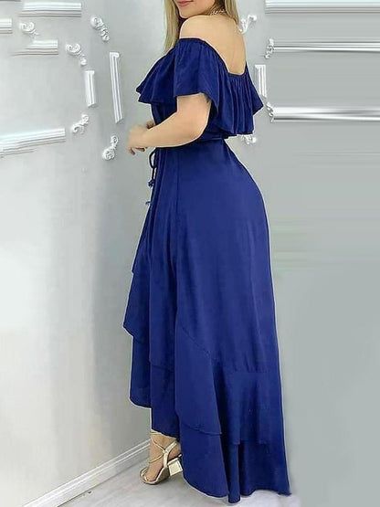 Layered Ruffles Asymmetrical Maxi Dress With Belt - LuckyFash™