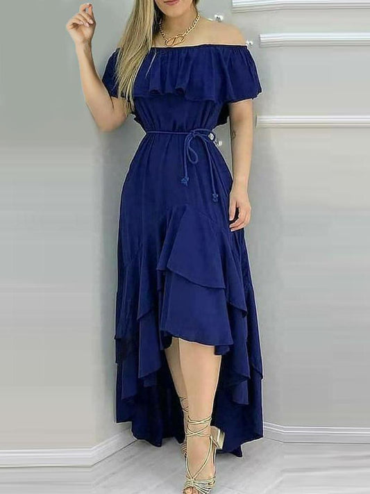 Layered Ruffles Asymmetrical Maxi Dress With Belt - LuckyFash™