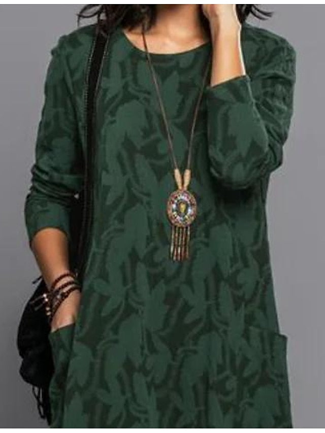 Women's Ethnic Dress Shift Dress Midi Dress Dark Green 3/4 Length Sleeve Print Ruched Winter Fall Autumn Crew Neck Casual 2023 S M L XL 2XL 3XL - LuckyFash™