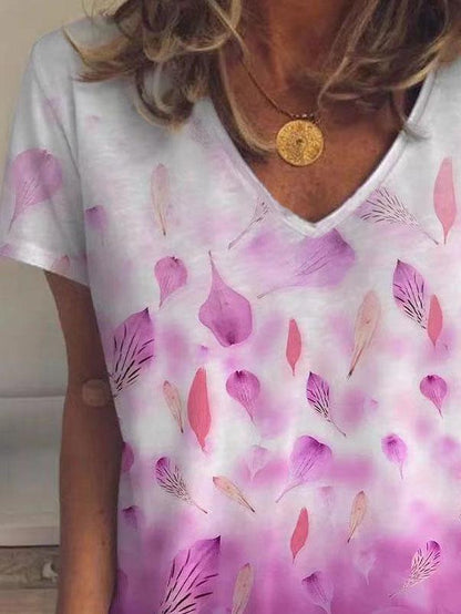 Leaf And Petal Print V-neck Short Sleeve T-shirt - LuckyFash™