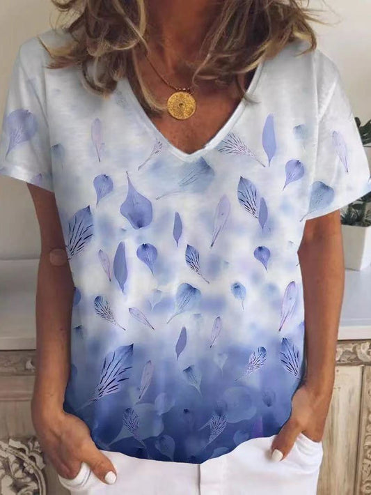 Leaf And Petal Print V-neck Short Sleeve T-shirt - LuckyFash™