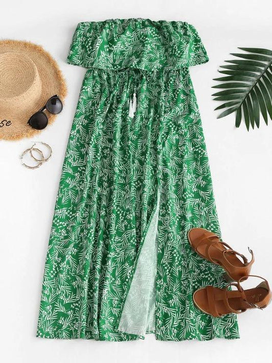Leaf Print Flounce Slit Strapless Maxi Dress - LuckyFash™