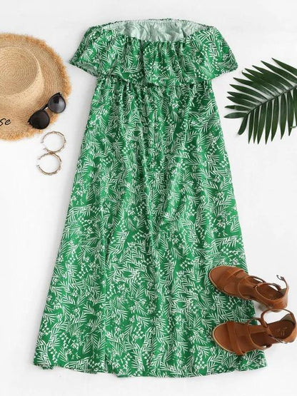 Leaf Print Flounce Slit Strapless Maxi Dress - LuckyFash™