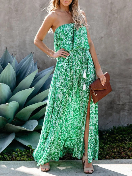 Leaf Print Off-shoulder Tube Top Dress - LuckyFash™
