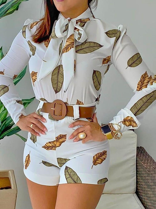 Leaf Print Puff Sleeve Top & Shorts Set - LuckyFash™