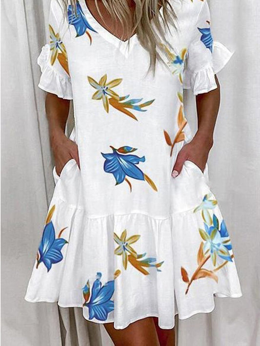 Leaf Print Ruffled Short Sleeve Pocket Dress - LuckyFash™