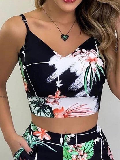Leaf Print Suspender Slim Top Shorts Two-piece Set - LuckyFash™