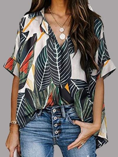 Leaf Print V-neck Short Sleeve Blouses - LuckyFash™
