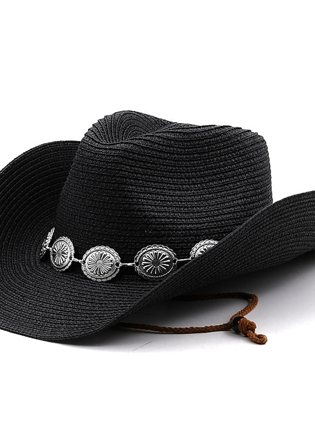 New Summer Men Women Straw Hollow Western Cowboy Hat Elegant Lady Punk Cowgirl Outdoor Jazz Beach with Adjustable Rope Sun Hat - LuckyFash™