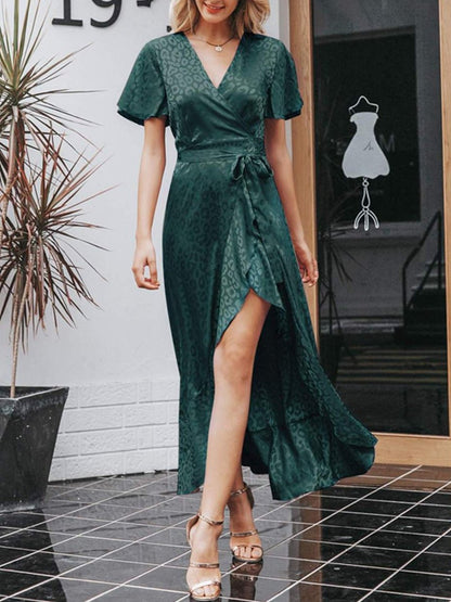 Leopard Asymmetrical Ruffle Hem Wrap Belted Satin Dress - LuckyFash™