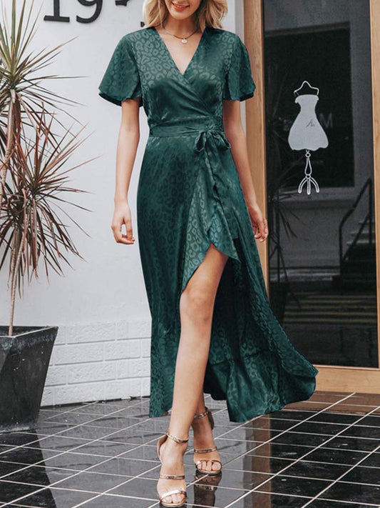 Leopard Asymmetrical Ruffle Hem Wrap Belted Satin Dress - LuckyFash™