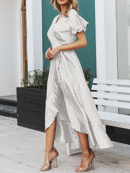 Leopard Asymmetrical Ruffle Hem Wrap Belted Satin Dress - LuckyFash™