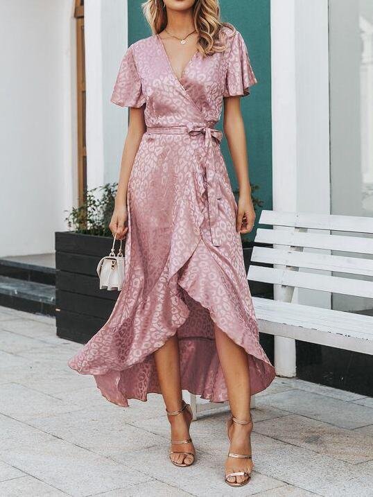 Leopard Asymmetrical Ruffle Hem Wrap Belted Satin Dress - LuckyFash™