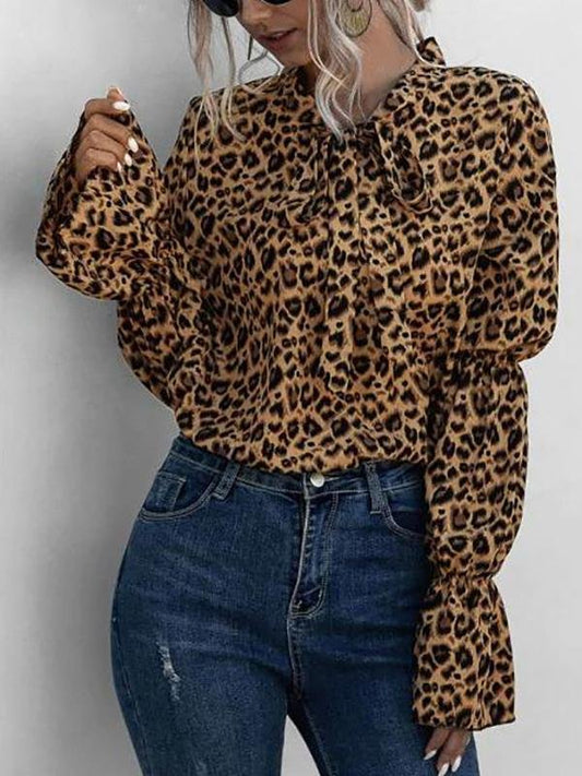 Leopard Bowtie Collar Ruffle Cuff Blouse - LuckyFash™