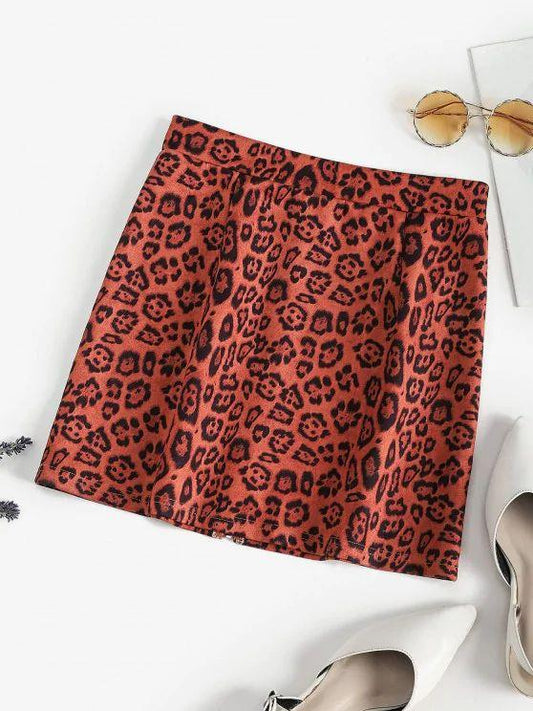 Leopard Faux Suede Pull Ring Zip Skirt - LuckyFash™