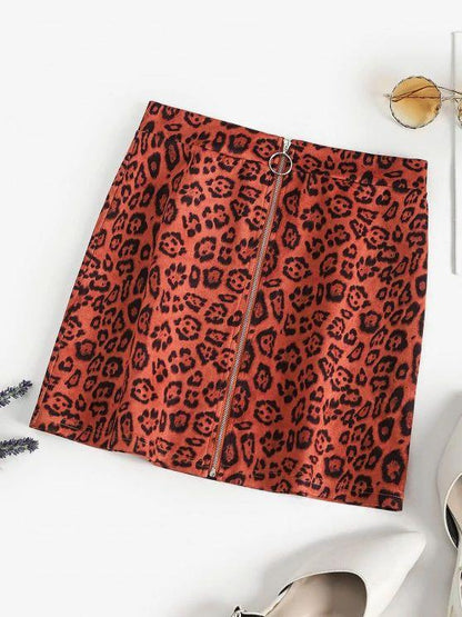 Leopard Faux Suede Pull Ring Zip Skirt - LuckyFash™