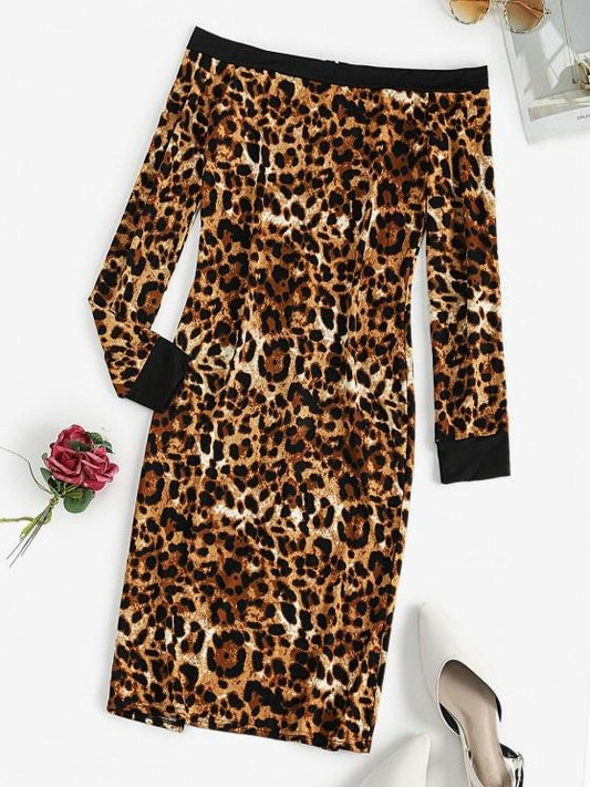 Leopard Full Zip Off Shoulder Long Sleeve Dress - LuckyFash™
