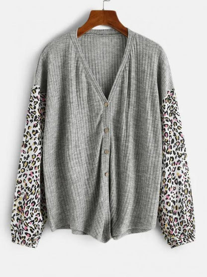 Leopard Insert Drop Shoulder Button Up Top - LuckyFash™
