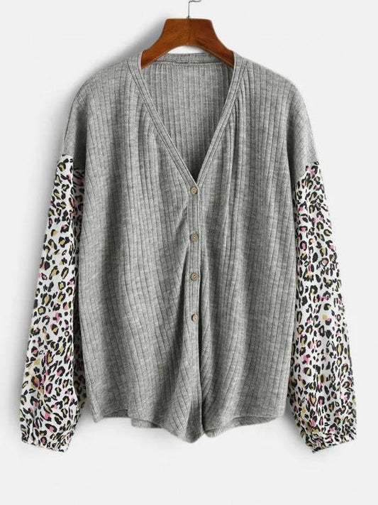 Leopard Insert Drop Shoulder Button Up Top - LuckyFash™