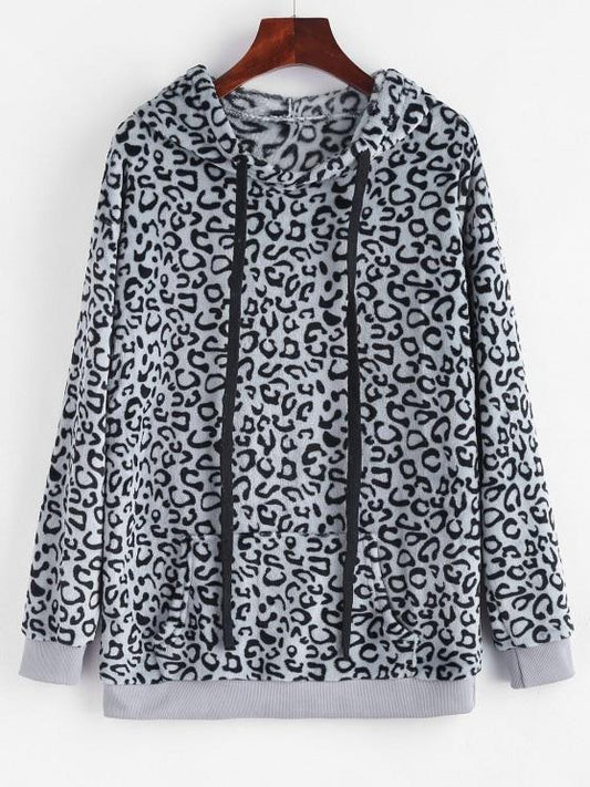 Leopard Kangaroo Pocket Plush Faux Fur Hoodie - LuckyFash™