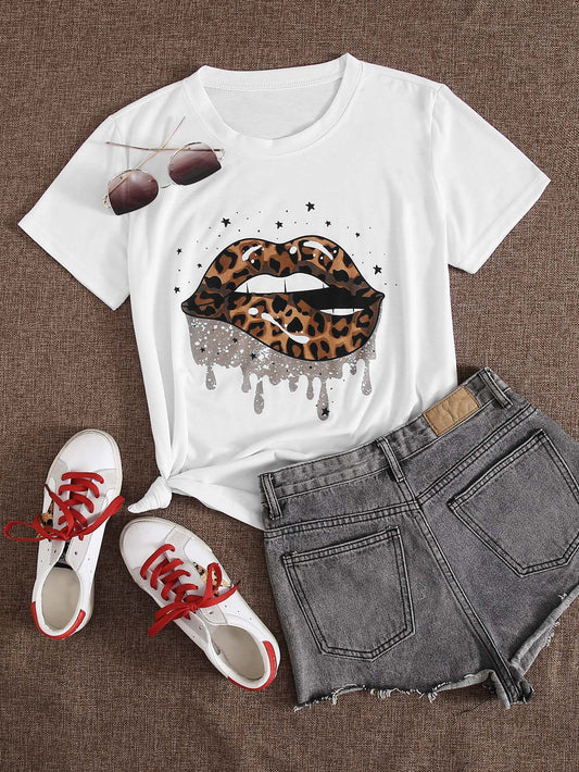 Leopard Lip Print Short Sleeve Tee - LuckyFash™