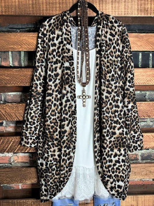 Leopard Long Sleeve Cotton-Blend Leopard Shift Outerwear - LuckyFash™