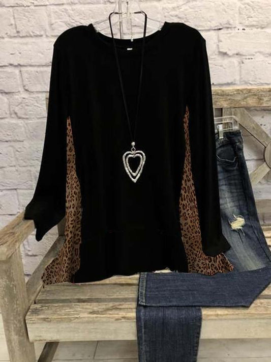 Leopard Long Sleeve Lightweight Cotton-Blend Crew Neck Casual Winter Black Top - LuckyFash™