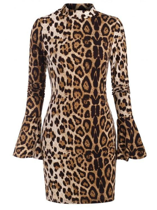 Leopard Mock Neck Long Sleeve Bodycon Dress - LuckyFash™