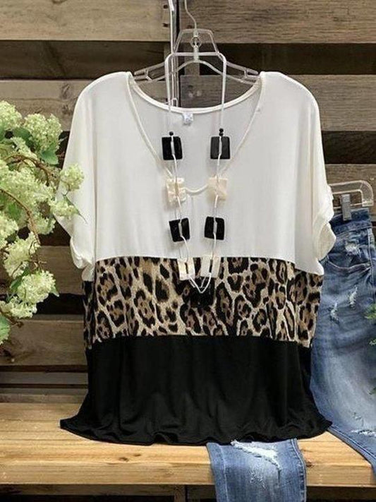 Leopard Paneled V Neck Casual Shirts & Tops - LuckyFash™