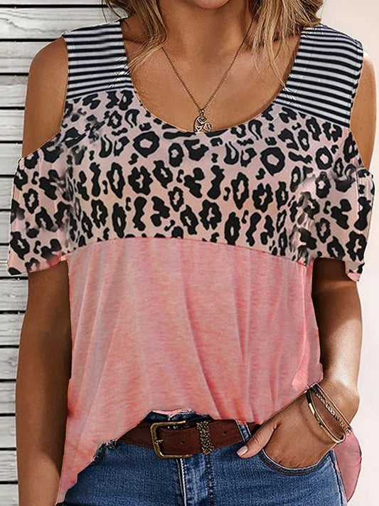 Leopard Patch Striped Short Sleeve T-shirt - LuckyFash™
