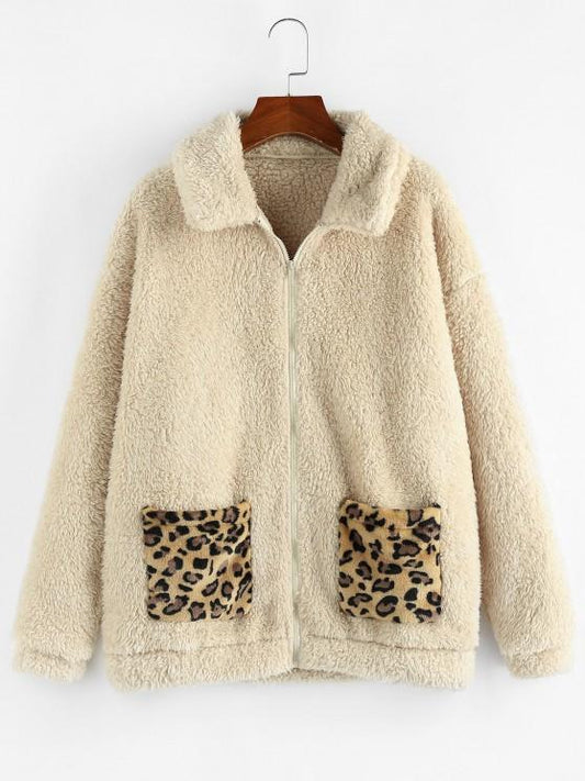 Leopard Pocket Zip Faux Fur Teddy Coat - LuckyFash™