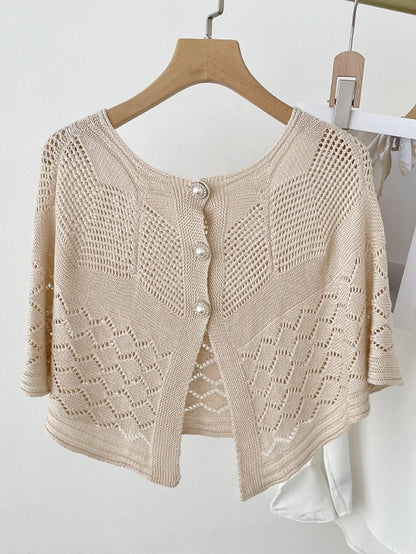 Solid Color Knitted Hollow Shawl Women's Summer Air-conditioned Elegant Vest with Pearl Button Womens Cape Sunscreen Fake Collar - LuckyFash™