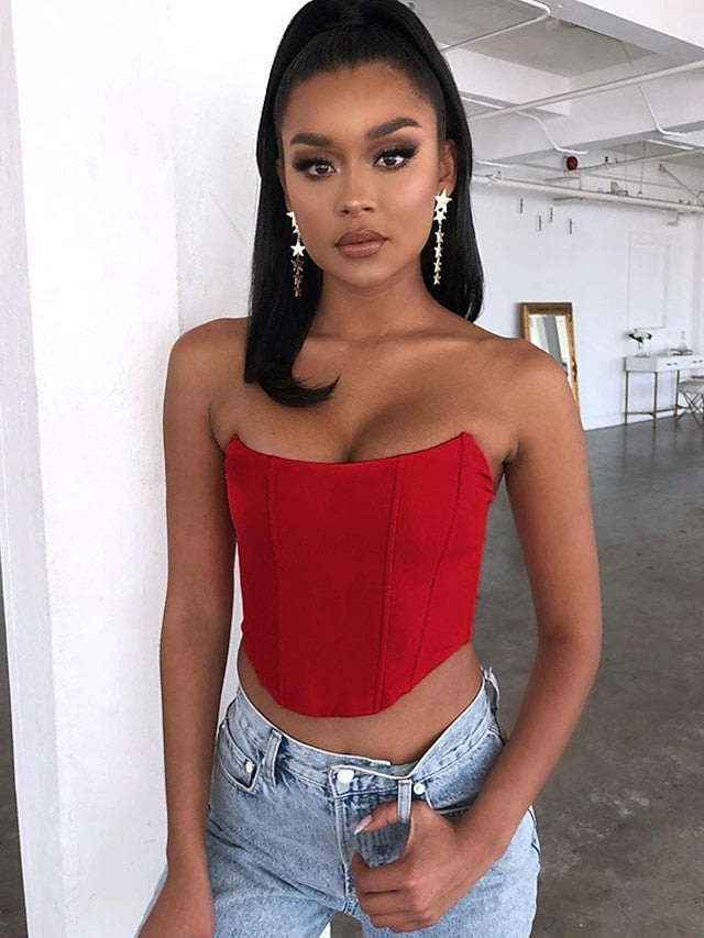 Women's Bandeau Corset Black Pink Red Plain Sleeveless Holiday Weekend Streetwear Casual Strapless Crop Slim S - LuckyFash™