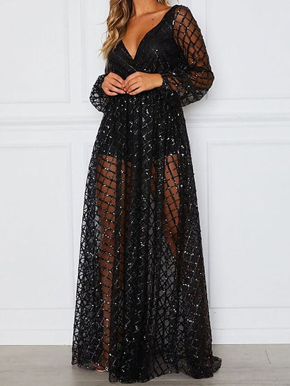 Womenâ€˜s Formal Party Dress Swing Dress Long Dress Maxi Dress Black Gold Long Sleeve Pure Color Mesh Winter Fall Spring V Neck Fashion Wedding Winter Dress 2023 S M L XL XXL - LuckyFash™