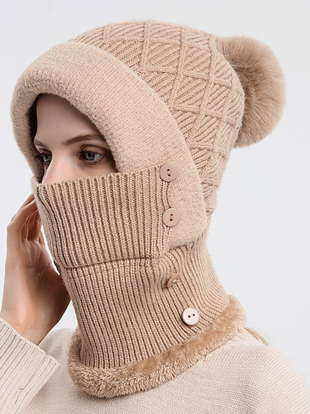 Winter Hats For Women Soft One-Piece Warm Mask Knitted Hat Thickened Lining Warm Beanies Female Cycling Cap - LuckyFash™