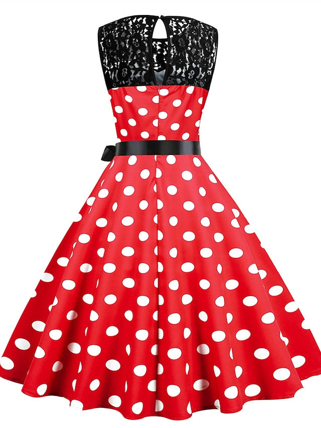 Women's Elegant Retro Vintage Dress Midi Dress Outdoor Holiday Lace Polka Dot Crew Neck Sleeveless Regular Fit Summer Spring 2023 Black White S M L XL - LuckyFash™