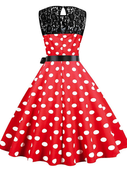 Women's Elegant Retro Vintage Dress Midi Dress Outdoor Holiday Lace Polka Dot Crew Neck Sleeveless Regular Fit Summer Spring 2023 Black White S M L XL - LuckyFash™