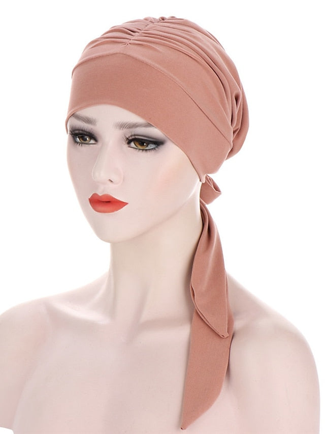 Muslim Women Stretch Solid Wrinkle Turban Hat Cancer Chemo Beanies Caps Pre-Tied Scarf Headwear Headwrap Simple Hair Accessories - LuckyFash™