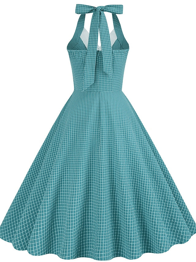 Women's Elegant Retro Vintage Dress Midi Dress Outdoor Daily Ruched Backless Plaid Halter Sleeveless Slim Summer Spring 2023 Lake blue Almond S M L XL - LuckyFash™