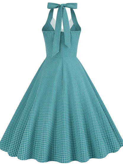 Women's Elegant Retro Vintage Dress Midi Dress Outdoor Daily Ruched Backless Plaid Halter Sleeveless Slim Summer Spring 2023 Lake blue Almond S M L XL - LuckyFash™