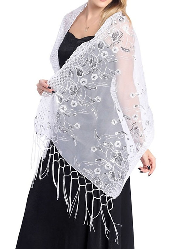 Women's Women's Shawls & Wraps Party Wedding Indoor Light Blue Black White Scarf Embroidered Flower - LuckyFash™