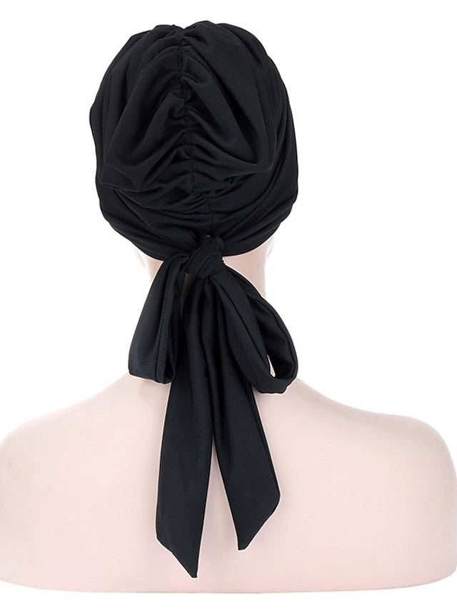 Muslim Women Stretch Solid Wrinkle Turban Hat Cancer Chemo Beanies Caps Pre-Tied Scarf Headwear Headwrap Simple Hair Accessories - LuckyFash™